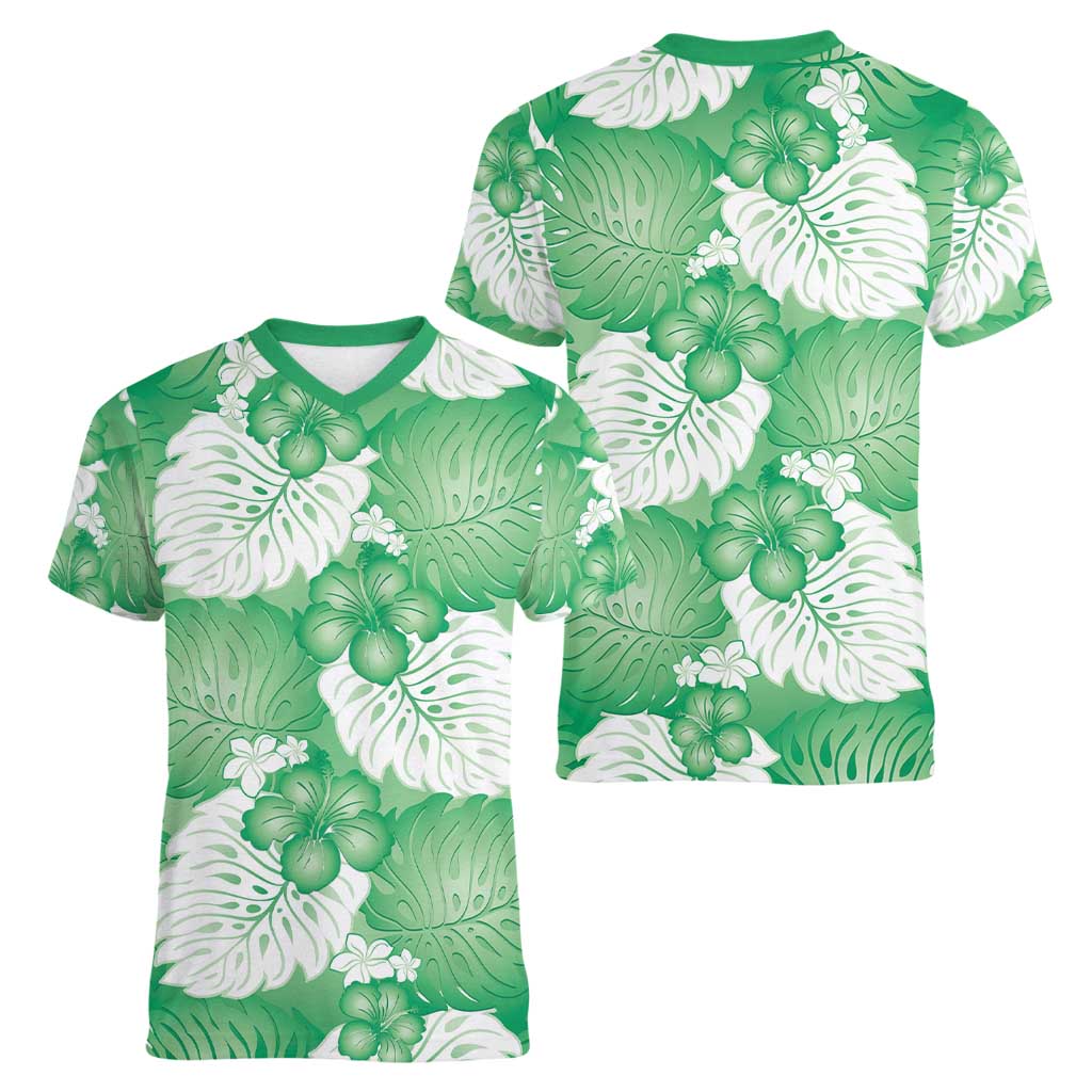 Green Aloha Hawaii Women V-Neck T-Shirt Monstera Hibiscus Plumeria Seamless Vibes LT14 - Polynesian Pride