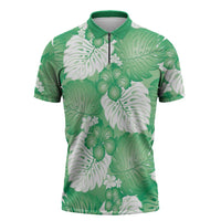 Green Aloha Hawaii Zipper Polo Shirt Monstera Hibiscus Plumeria Seamless Vibes LT14 Green - Polynesian Pride