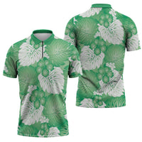 Green Aloha Hawaii Zipper Polo Shirt Monstera Hibiscus Plumeria Seamless Vibes LT14 - Polynesian Pride