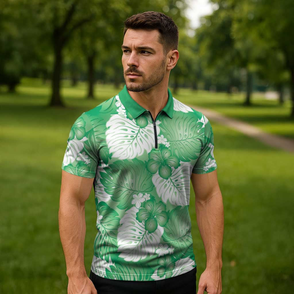 Green Aloha Hawaii Zipper Polo Shirt Monstera Hibiscus Plumeria Seamless Vibes LT14 - Polynesian Pride