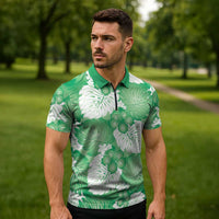 Green Aloha Hawaii Zipper Polo Shirt Monstera Hibiscus Plumeria Seamless Vibes LT14 - Polynesian Pride