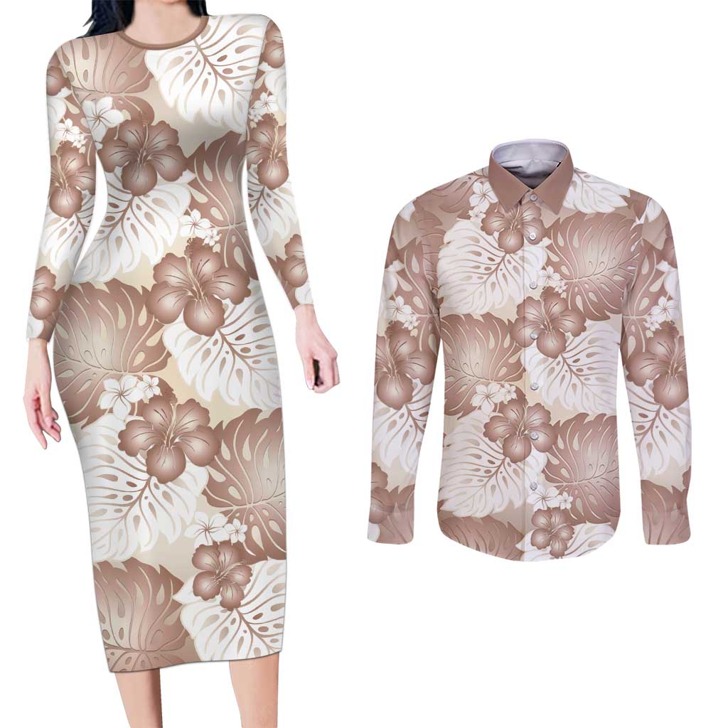 Mocha Mousse Aloha Hawaii Couples Matching Long Sleeve Bodycon Dress and Long Sleeve Button Shirt Monstera Hibiscus Plumeria Seamless Vibes LT14 Mocha Mousse - Polynesian Pride