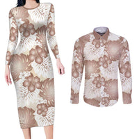 Mocha Mousse Aloha Hawaii Couples Matching Long Sleeve Bodycon Dress and Long Sleeve Button Shirt Monstera Hibiscus Plumeria Seamless Vibes LT14 Mocha Mousse - Polynesian Pride