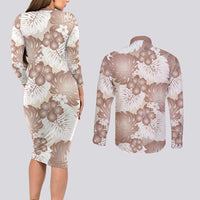 Mocha Mousse Aloha Hawaii Couples Matching Long Sleeve Bodycon Dress and Long Sleeve Button Shirt Monstera Hibiscus Plumeria Seamless Vibes LT14 - Polynesian Pride