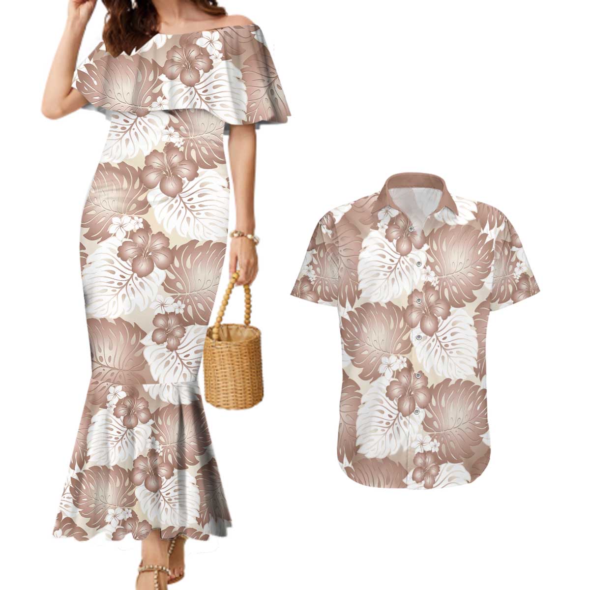 Mocha Mousse Aloha Hawaii Couples Matching Mermaid Dress and Hawaiian Shirt Monstera Hibiscus Plumeria Seamless Vibes LT14 Mocha Mousse - Polynesian Pride
