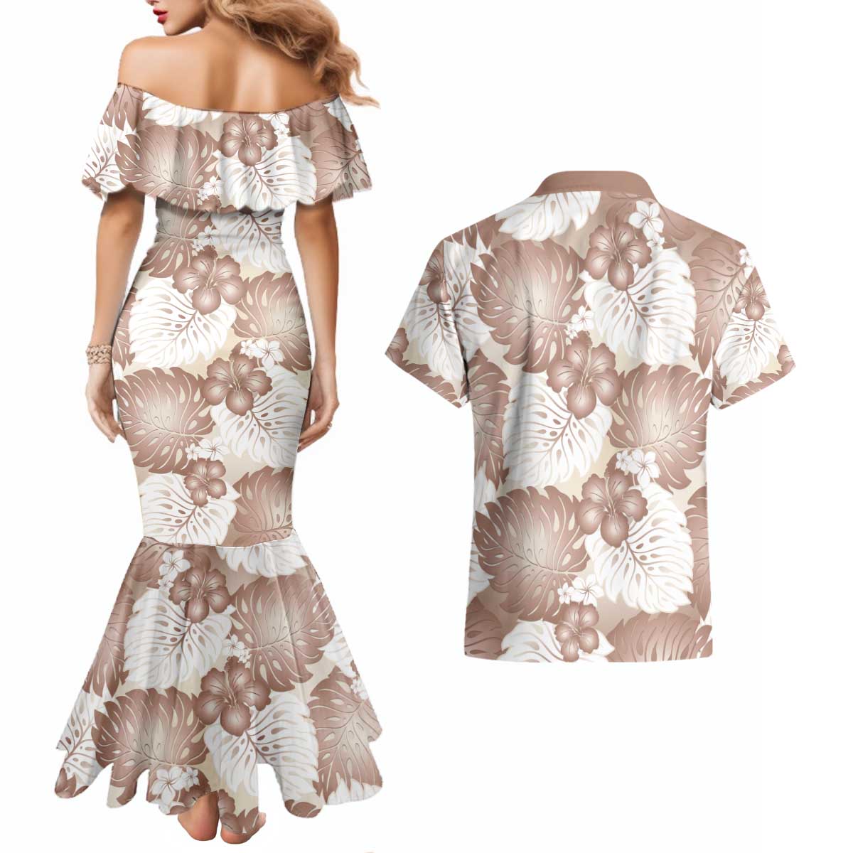 Mocha Mousse Aloha Hawaii Couples Matching Mermaid Dress and Hawaiian Shirt Monstera Hibiscus Plumeria Seamless Vibes LT14 - Polynesian Pride