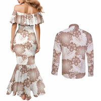 Mocha Mousse Aloha Hawaii Couples Matching Mermaid Dress and Long Sleeve Button Shirt Monstera Hibiscus Plumeria Seamless Vibes LT14 - Polynesian Pride