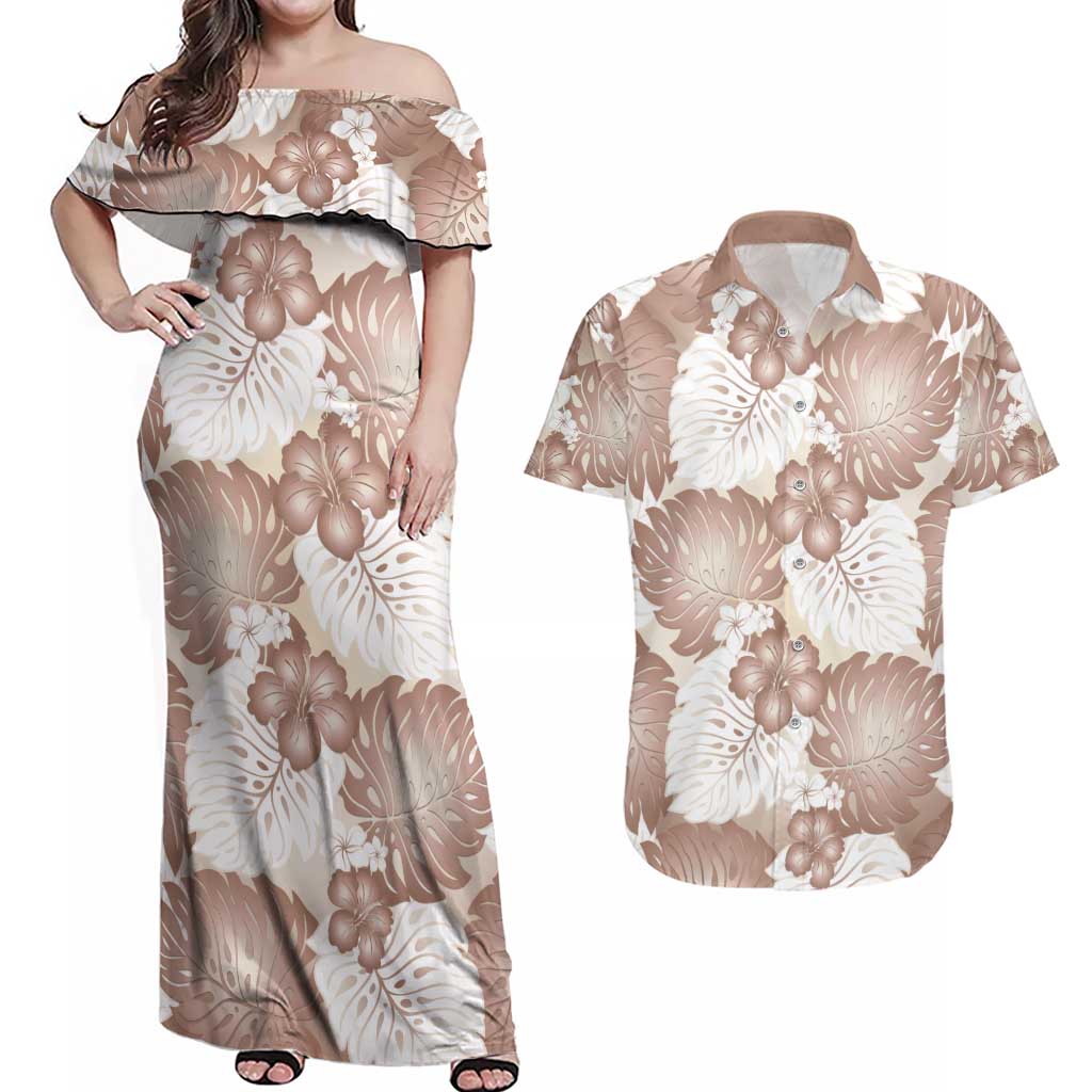 Mocha Mousse Aloha Hawaii Couples Matching Off Shoulder Maxi Dress and Hawaiian Shirt Monstera Hibiscus Plumeria Seamless Vibes LT14 Mocha Mousse - Polynesian Pride