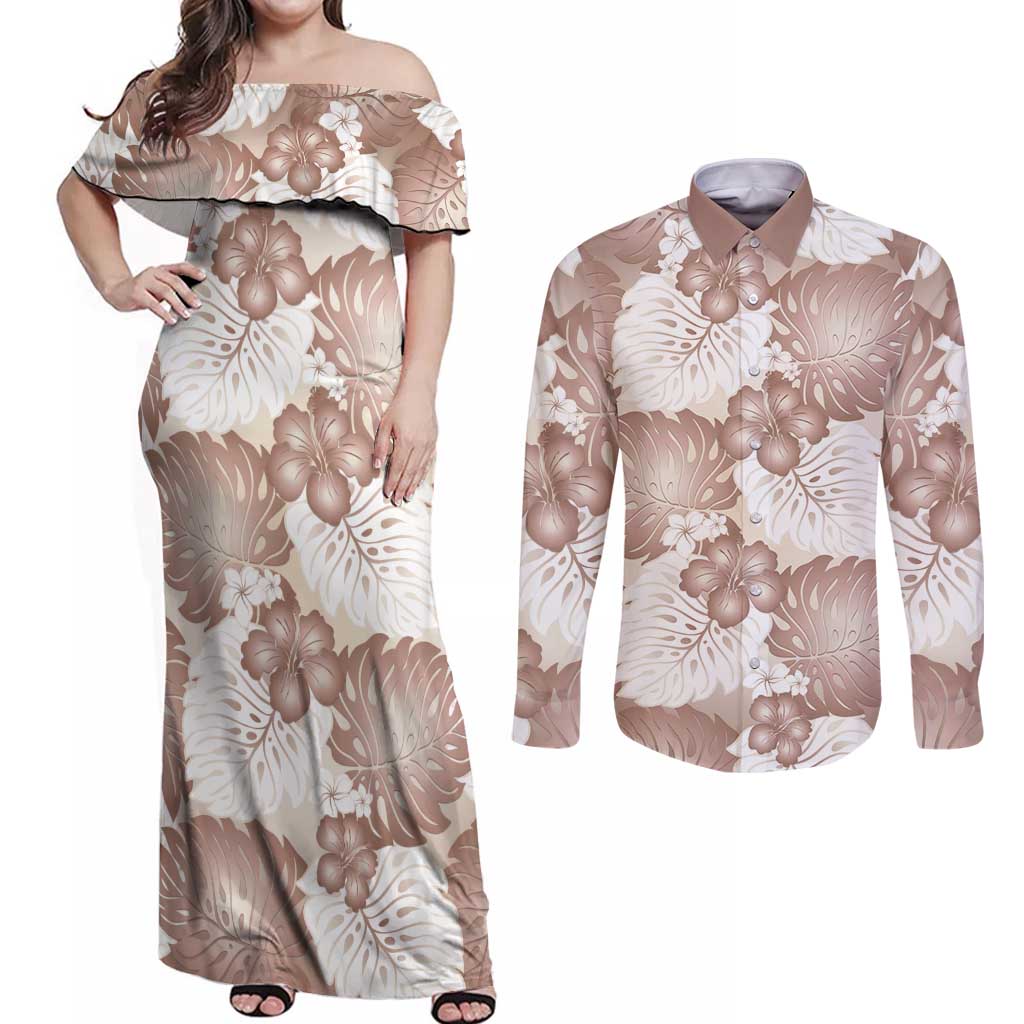 Mocha Mousse Aloha Hawaii Couples Matching Off Shoulder Maxi Dress and Long Sleeve Button Shirt Monstera Hibiscus Plumeria Seamless Vibes LT14 Mocha Mousse - Polynesian Pride