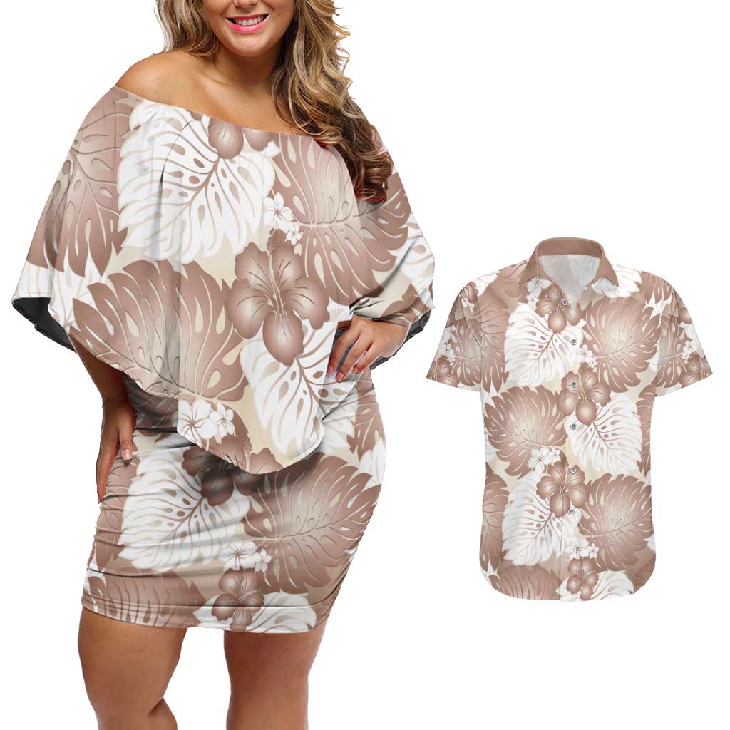 Mocha Mousse Aloha Hawaii Couples Matching Off Shoulder Short Dress and Hawaiian Shirt Monstera Hibiscus Plumeria Seamless Vibes LT14 Mocha Mousse - Polynesian Pride