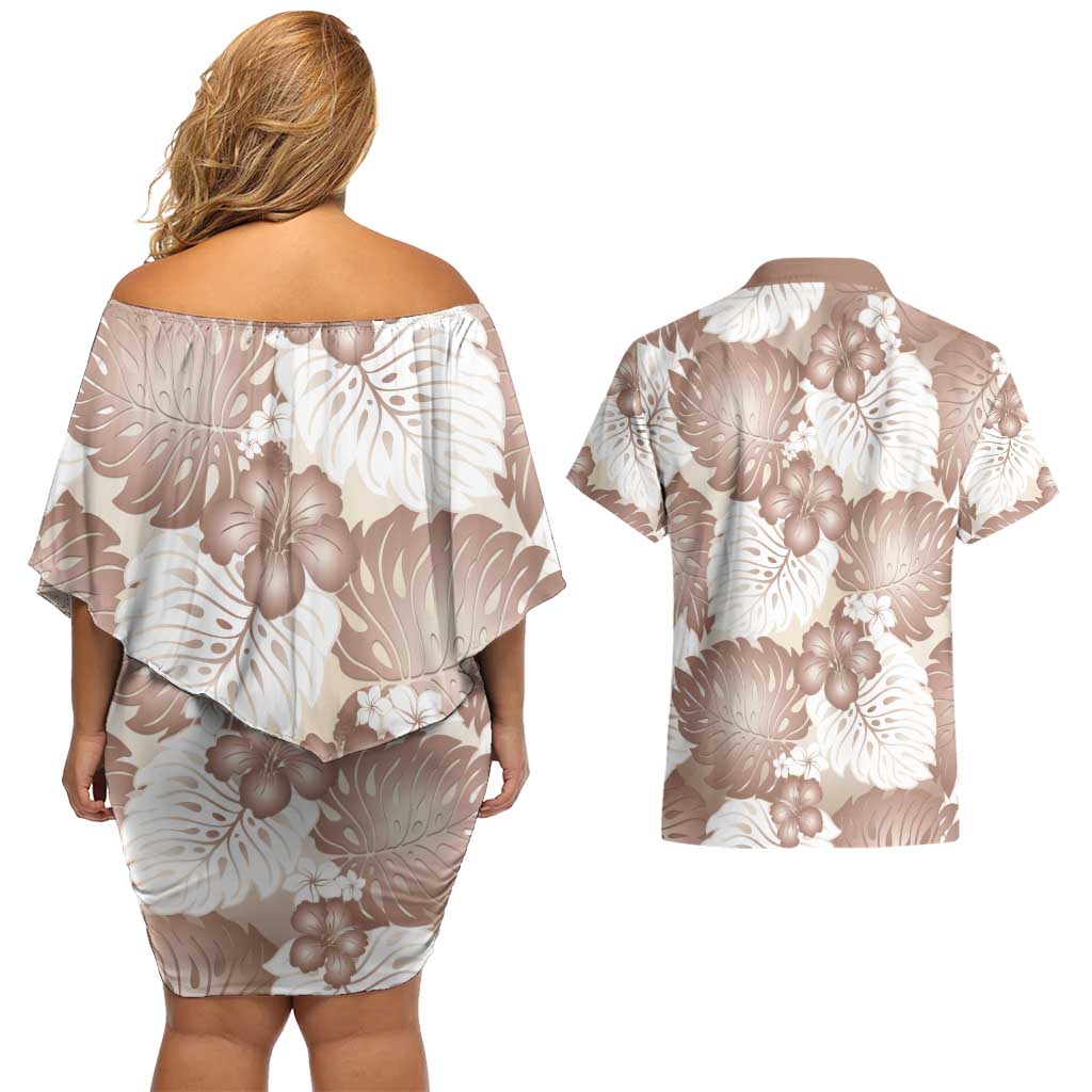 Mocha Mousse Aloha Hawaii Couples Matching Off Shoulder Short Dress and Hawaiian Shirt Monstera Hibiscus Plumeria Seamless Vibes LT14 - Polynesian Pride