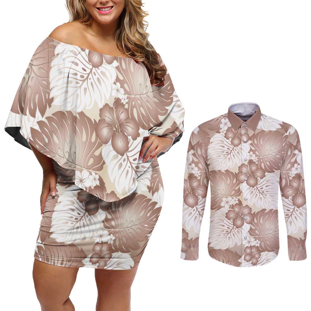 Mocha Mousse Aloha Hawaii Couples Matching Off Shoulder Short Dress and Long Sleeve Button Shirt Monstera Hibiscus Plumeria Seamless Vibes LT14 Mocha Mousse - Polynesian Pride