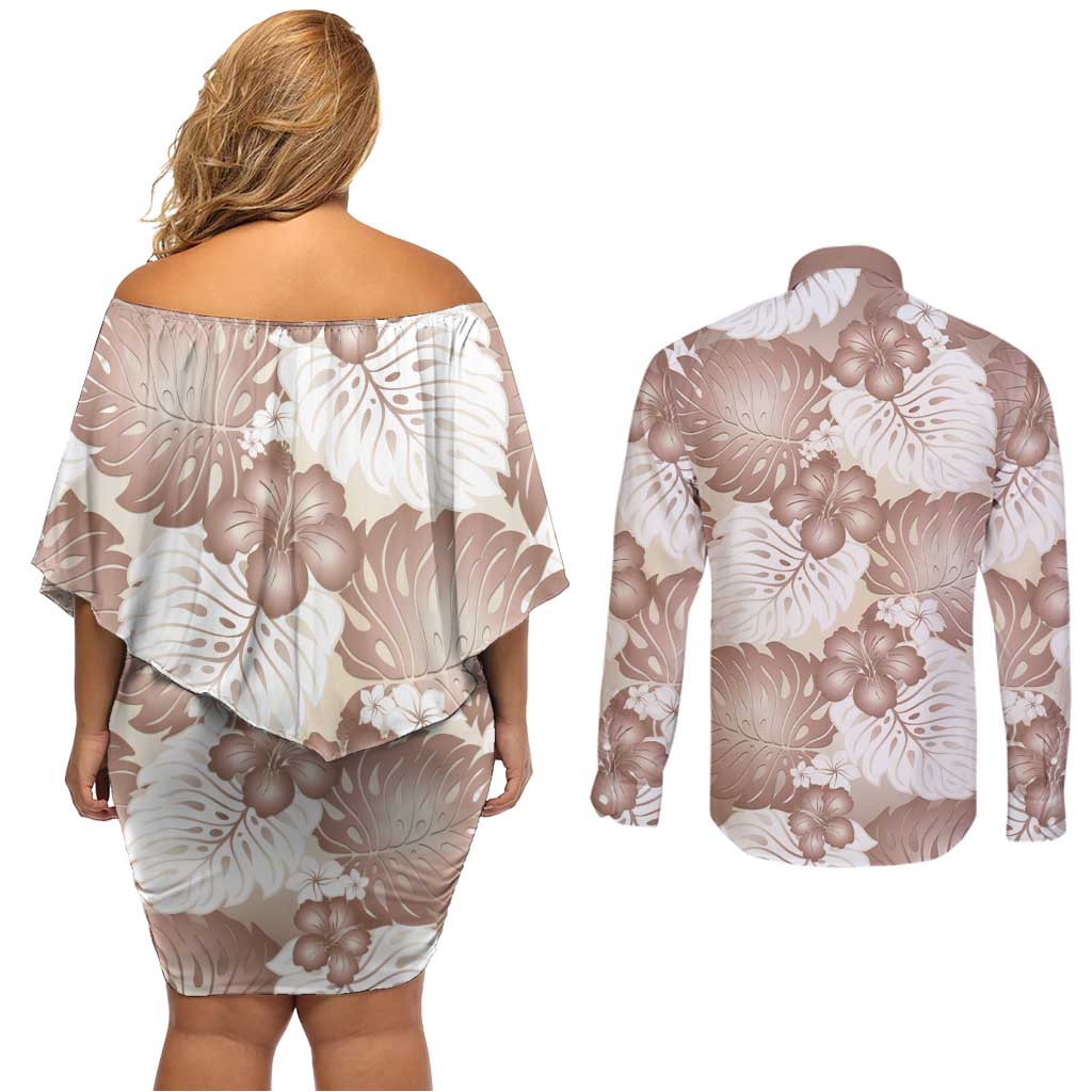 Mocha Mousse Aloha Hawaii Couples Matching Off Shoulder Short Dress and Long Sleeve Button Shirt Monstera Hibiscus Plumeria Seamless Vibes LT14 - Polynesian Pride