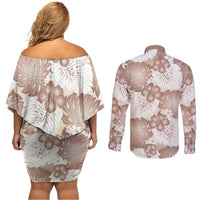 Mocha Mousse Aloha Hawaii Couples Matching Off Shoulder Short Dress and Long Sleeve Button Shirt Monstera Hibiscus Plumeria Seamless Vibes LT14 - Polynesian Pride