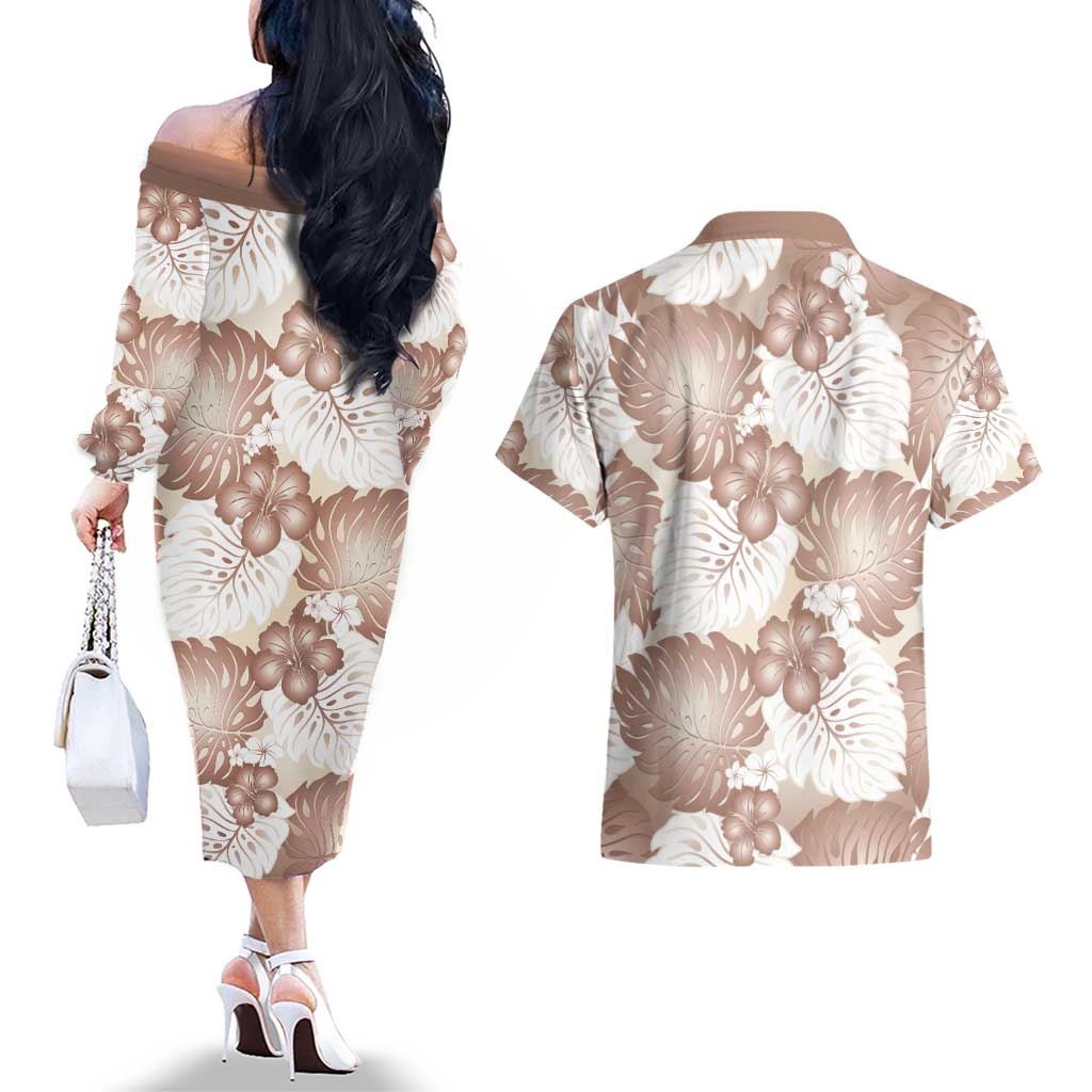 Mocha Mousse Aloha Hawaii Couples Matching Off The Shoulder Long Sleeve Dress and Hawaiian Shirt Monstera Hibiscus Plumeria Seamless Vibes LT14 - Polynesian Pride