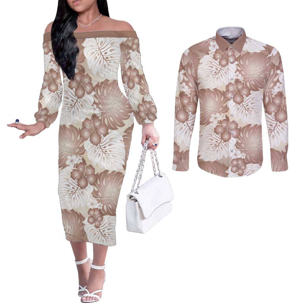 Mocha Mousse Aloha Hawaii Couples Matching Off The Shoulder Long Sleeve Dress and Long Sleeve Button Shirt Monstera Hibiscus Plumeria Seamless Vibes LT14 Mocha Mousse - Polynesian Pride