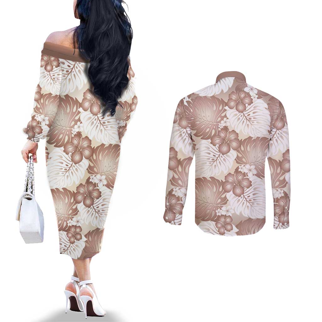 Mocha Mousse Aloha Hawaii Couples Matching Off The Shoulder Long Sleeve Dress and Long Sleeve Button Shirt Monstera Hibiscus Plumeria Seamless Vibes LT14 - Polynesian Pride