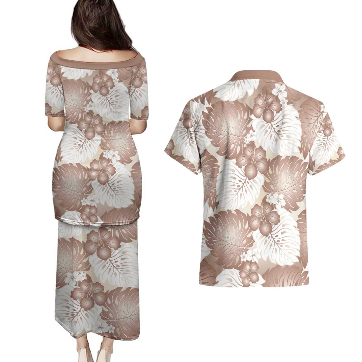 Mocha Mousse Aloha Hawaii Couples Matching Puletasi and Hawaiian Shirt Monstera Hibiscus Plumeria Seamless Vibes LT14 - Polynesian Pride