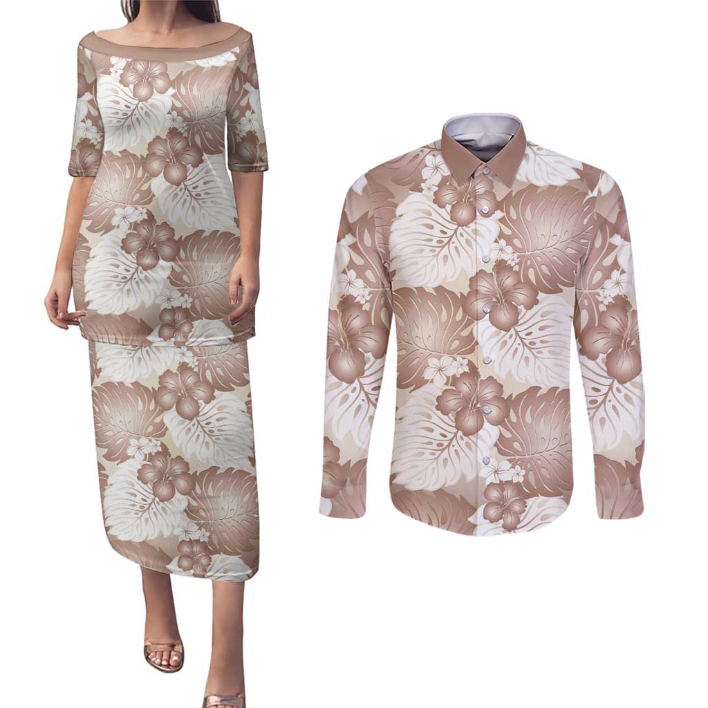 Mocha Mousse Aloha Hawaii Couples Matching Puletasi and Long Sleeve Button Shirt Monstera Hibiscus Plumeria Seamless Vibes LT14 Mocha Mousse - Polynesian Pride