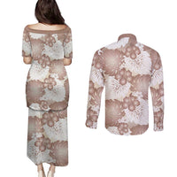 Mocha Mousse Aloha Hawaii Couples Matching Puletasi and Long Sleeve Button Shirt Monstera Hibiscus Plumeria Seamless Vibes LT14 - Polynesian Pride