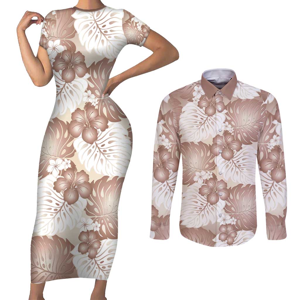 Mocha Mousse Aloha Hawaii Couples Matching Short Sleeve Bodycon Dress and Long Sleeve Button Shirt Monstera Hibiscus Plumeria Seamless Vibes LT14 Mocha Mousse - Polynesian Pride