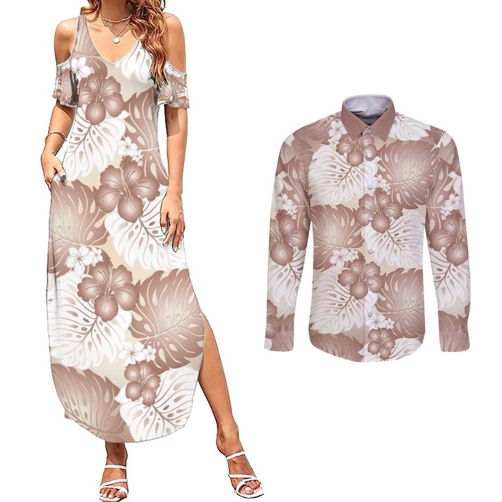 Mocha Mousse Aloha Hawaii Couples Matching Summer Maxi Dress and Long Sleeve Button Shirt Monstera Hibiscus Plumeria Seamless Vibes LT14 Mocha Mousse - Polynesian Pride
