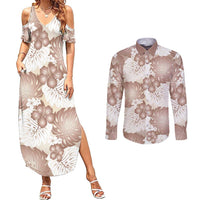 Mocha Mousse Aloha Hawaii Couples Matching Summer Maxi Dress and Long Sleeve Button Shirt Monstera Hibiscus Plumeria Seamless Vibes LT14 Mocha Mousse - Polynesian Pride