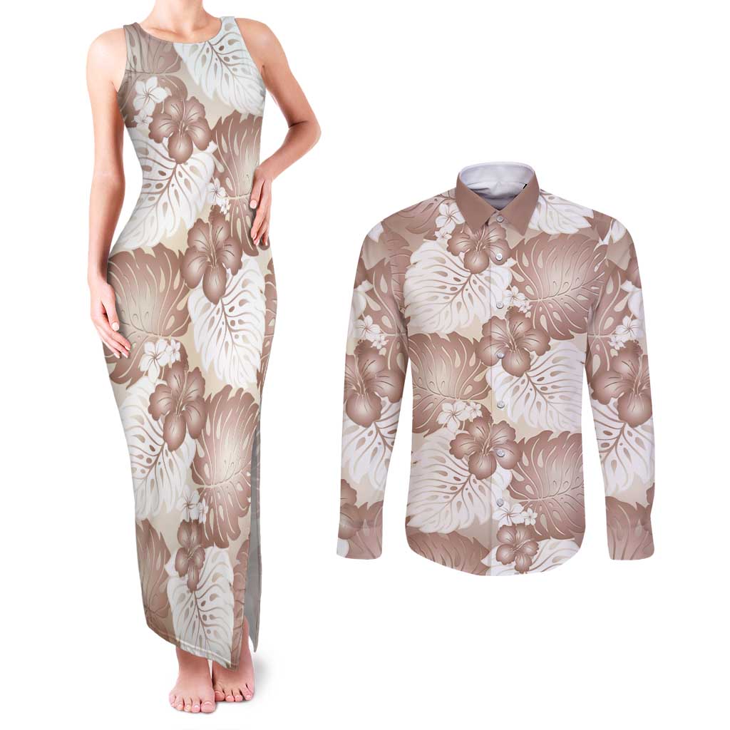 Mocha Mousse Aloha Hawaii Couples Matching Tank Maxi Dress and Long Sleeve Button Shirt Monstera Hibiscus Plumeria Seamless Vibes LT14 Mocha Mousse - Polynesian Pride