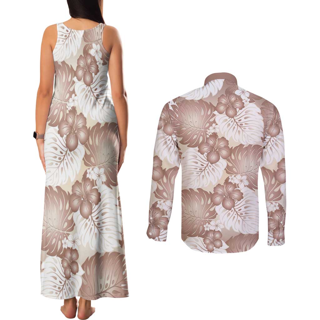 Mocha Mousse Aloha Hawaii Couples Matching Tank Maxi Dress and Long Sleeve Button Shirt Monstera Hibiscus Plumeria Seamless Vibes LT14 - Polynesian Pride