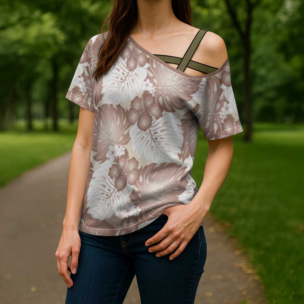 Mocha Mousse Aloha Hawaii Cross Shoulder Shirt Monstera Hibiscus Plumeria Seamless Vibes - Polynesian Pride