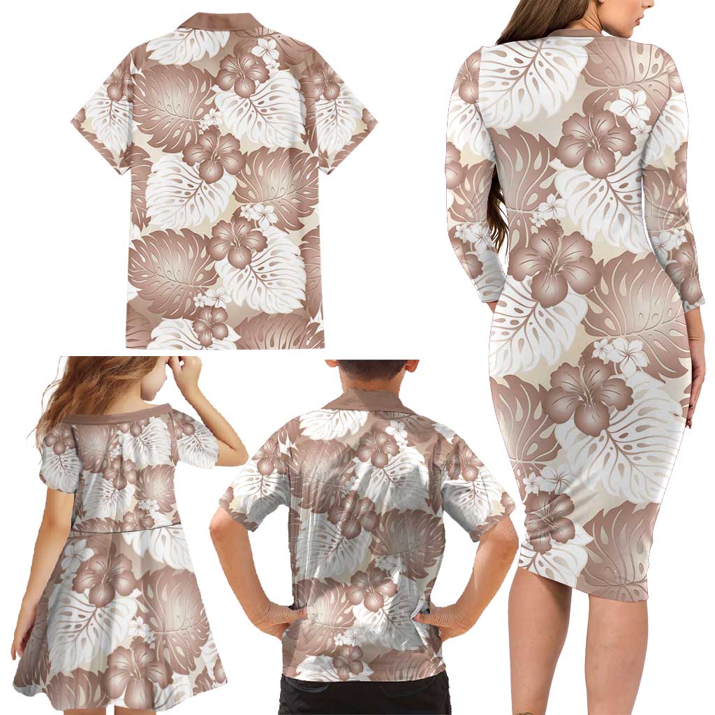 Mocha Mousse Aloha Hawaii Family Matching Long Sleeve Bodycon Dress and Hawaiian Shirt Monstera Hibiscus Plumeria Seamless Vibes LT14 - Polynesian Pride