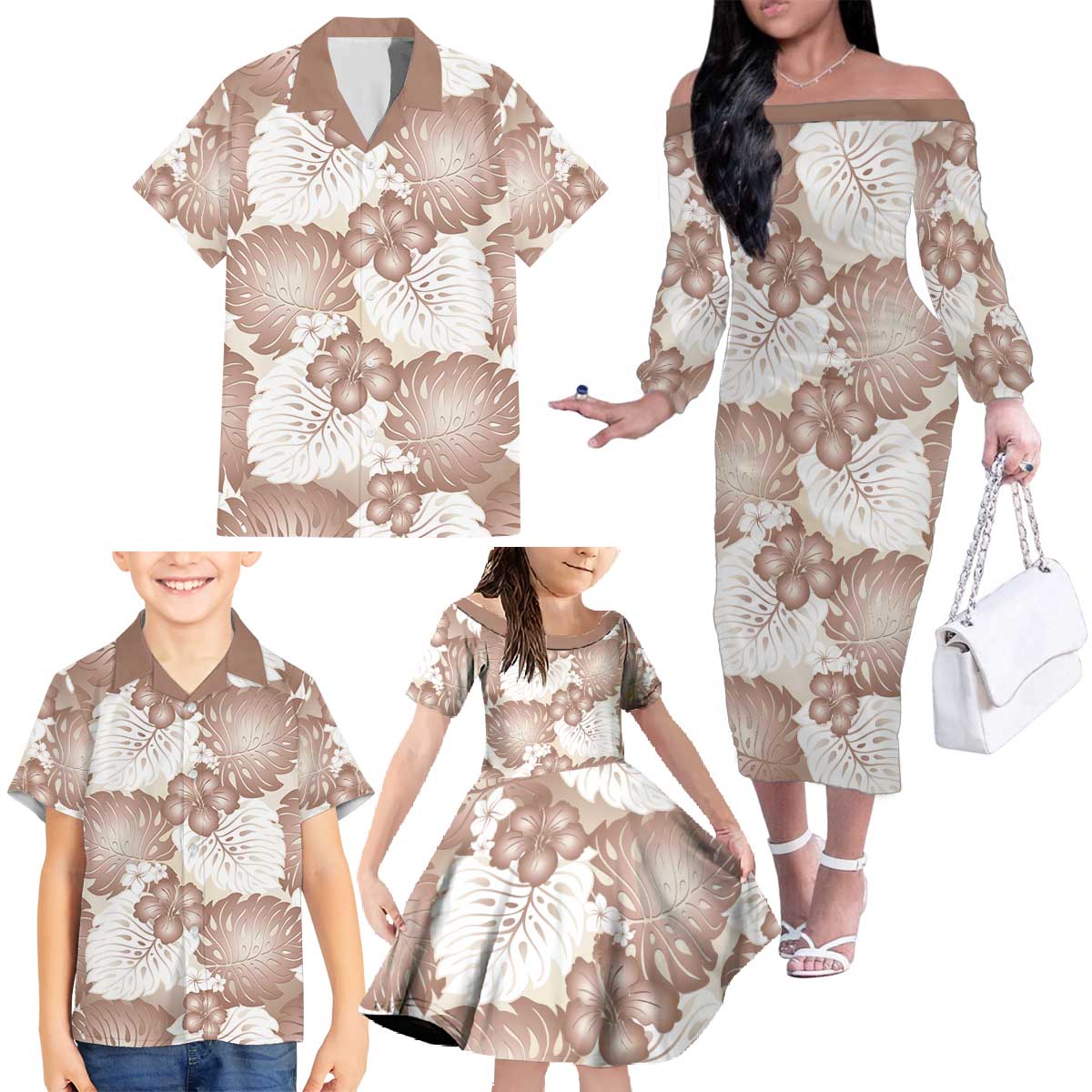 Mocha Mousse Aloha Hawaii Family Matching Off The Shoulder Long Sleeve Dress and Hawaiian Shirt Monstera Hibiscus Plumeria Seamless Vibes LT14 - Polynesian Pride
