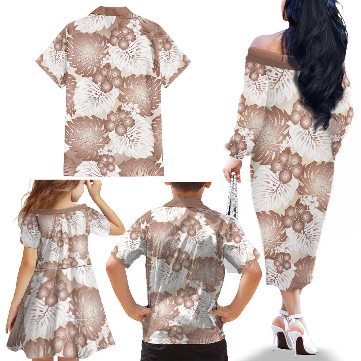 Mocha Mousse Aloha Hawaii Family Matching Off The Shoulder Long Sleeve Dress and Hawaiian Shirt Monstera Hibiscus Plumeria Seamless Vibes LT14 - Polynesian Pride