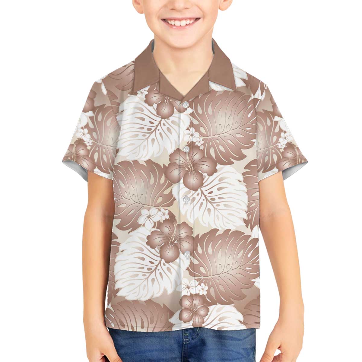 Mocha Mousse Aloha Hawaii Family Matching Off The Shoulder Long Sleeve Dress and Hawaiian Shirt Monstera Hibiscus Plumeria Seamless Vibes LT14 Son's Shirt Mocha Mousse - Polynesian Pride