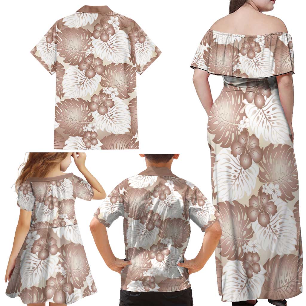 Mocha Mousse Aloha Hawaii Family Matching Off Shoulder Maxi Dress and Hawaiian Shirt Monstera Hibiscus Plumeria Seamless Vibes LT14 - Polynesian Pride