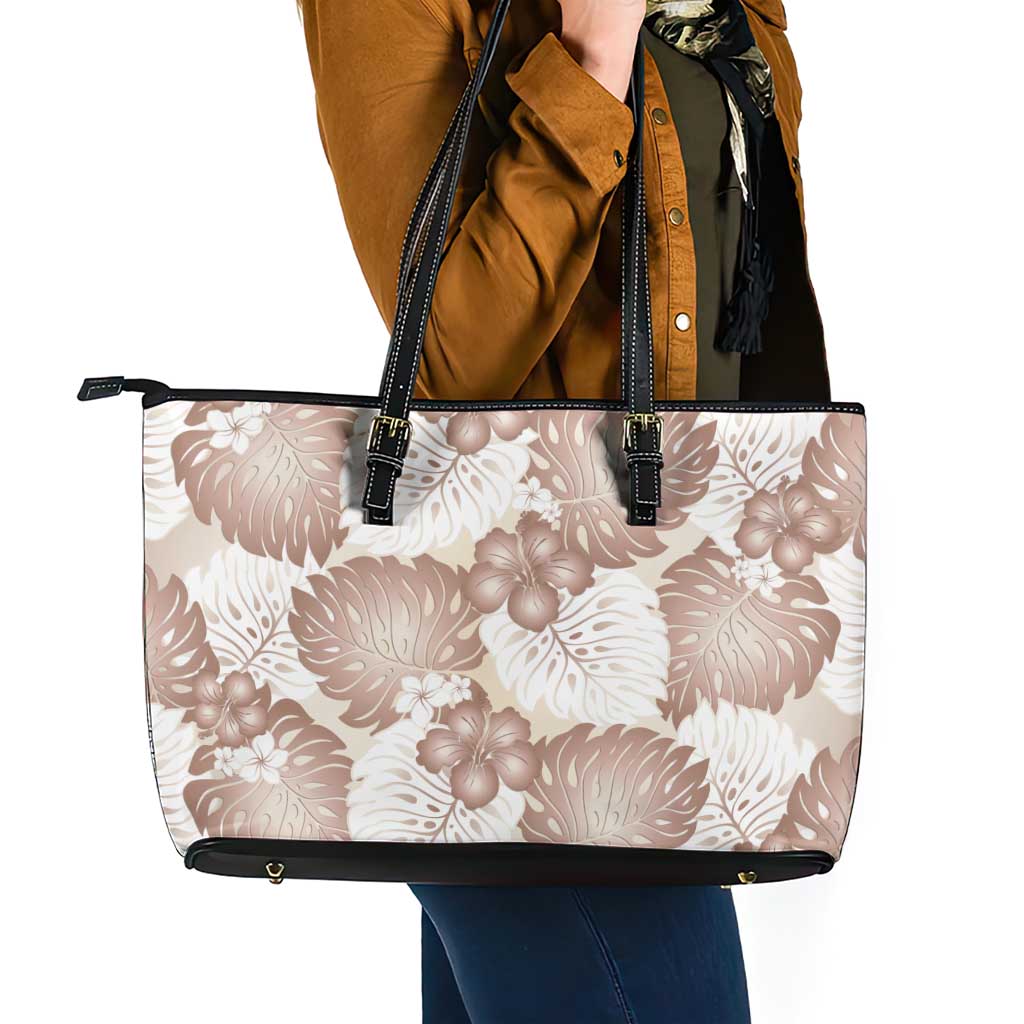 Mocha Mousse Aloha Hawaii Leather Tote Bag Monstera Hibiscus Plumeria Seamless Vibes - Polynesian Pride