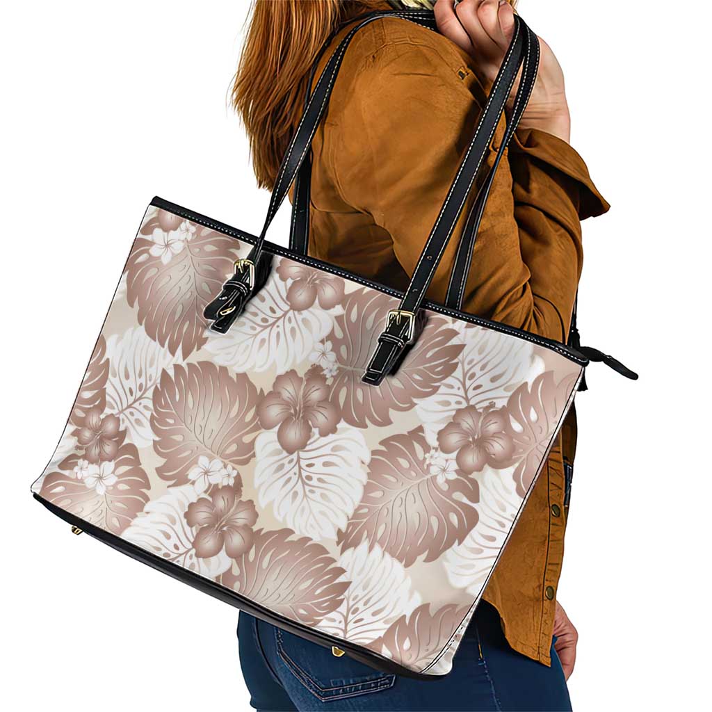 Mocha Mousse Aloha Hawaii Leather Tote Bag Monstera Hibiscus Plumeria Seamless Vibes - Polynesian Pride