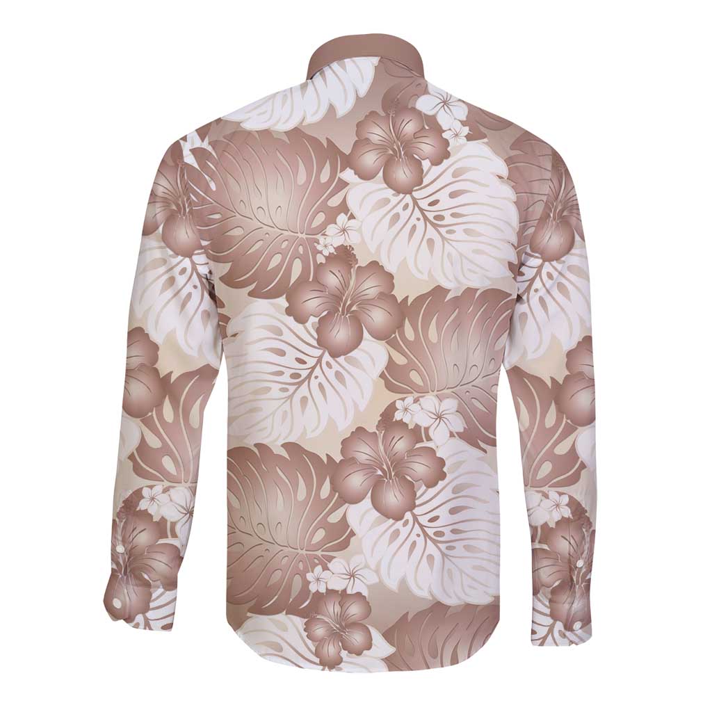 Mocha Mousse Aloha Hawaii Long Sleeve Button Shirt Monstera Hibiscus Plumeria Seamless Vibes - Polynesian Pride