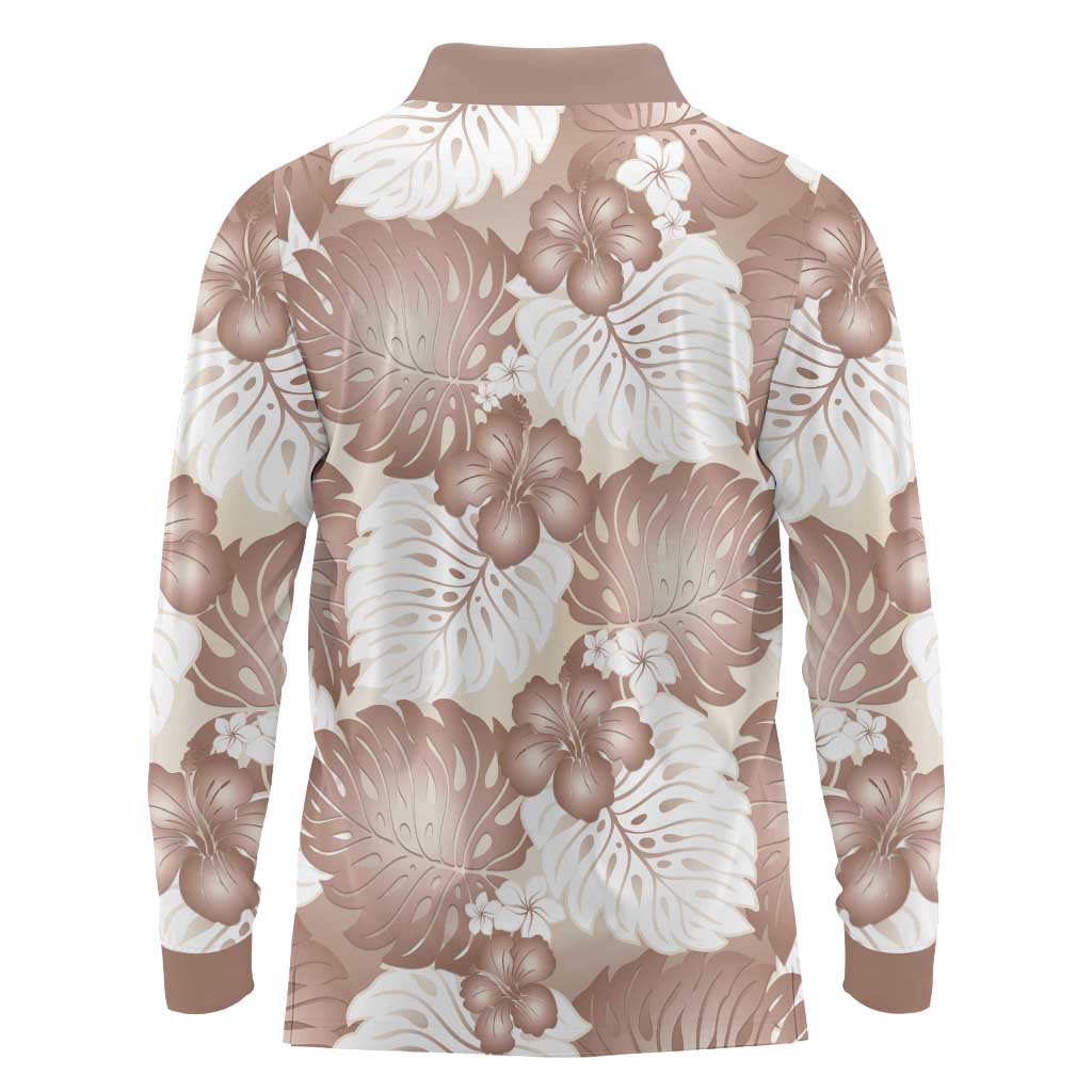Mocha Mousse Aloha Hawaii Long Sleeve Polo Shirt Monstera Hibiscus Plumeria Seamless Vibes LT14 - Polynesian Pride