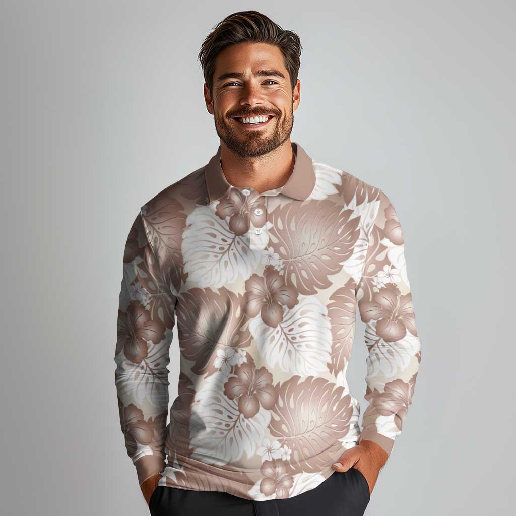 Mocha Mousse Aloha Hawaii Long Sleeve Polo Shirt Monstera Hibiscus Plumeria Seamless Vibes LT14 - Polynesian Pride