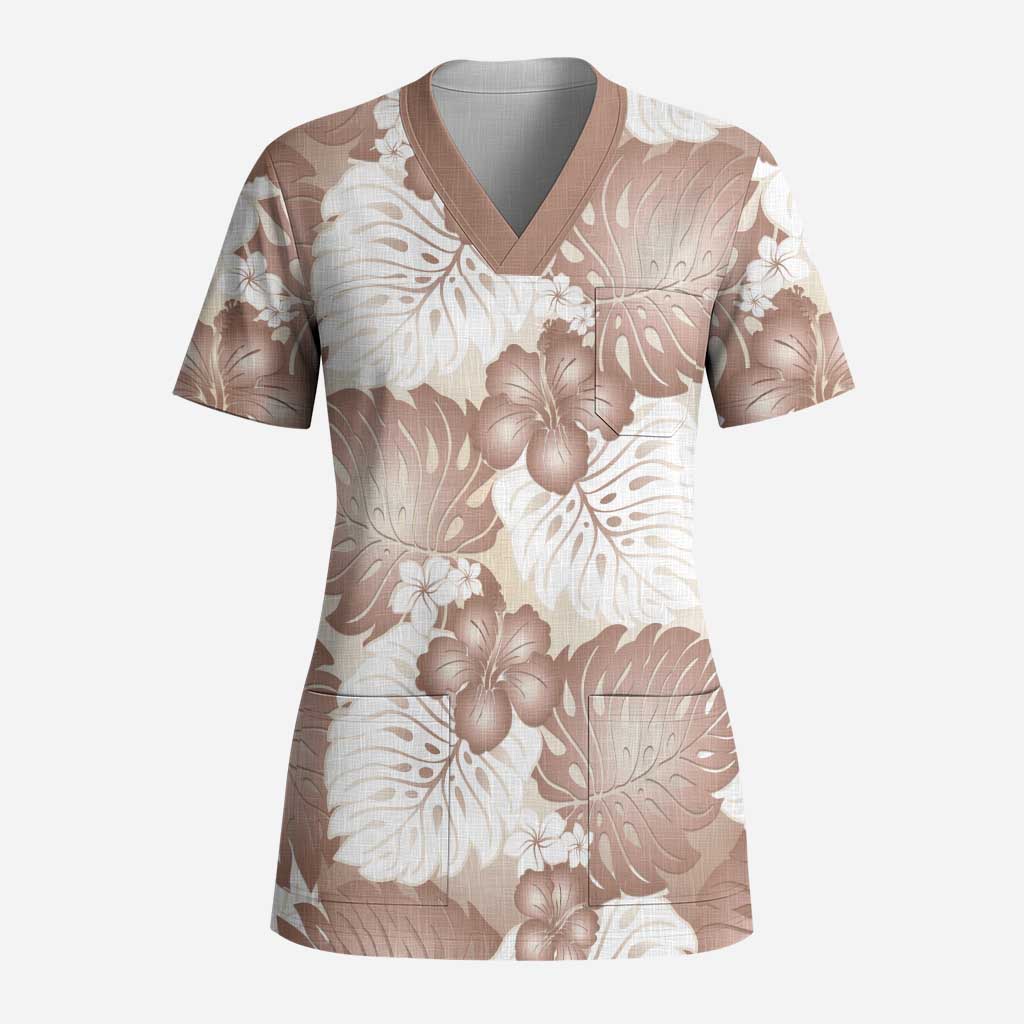 Mocha Mousse Aloha Hawaii Scrub Top Monstera Hibiscus Plumeria Seamless Vibes - Polynesian Pride