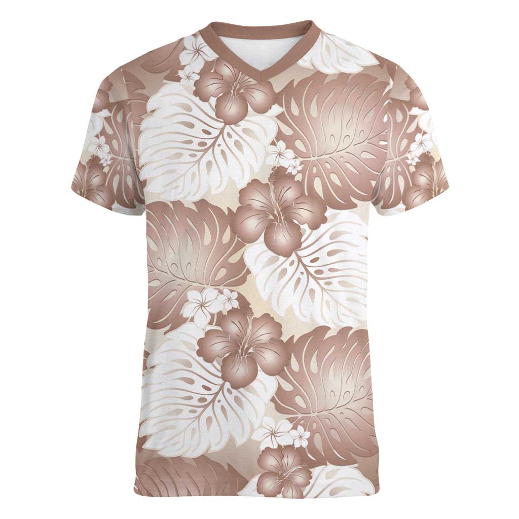 Mocha Mousse Aloha Hawaii Women V-Neck T-Shirt Monstera Hibiscus Plumeria Seamless Vibes LT14 Female Mocha Mousse - Polynesian Pride