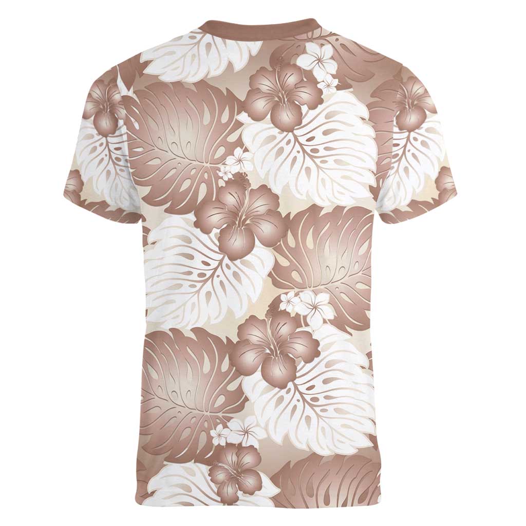 Mocha Mousse Aloha Hawaii Women V-Neck T-Shirt Monstera Hibiscus Plumeria Seamless Vibes LT14 - Polynesian Pride