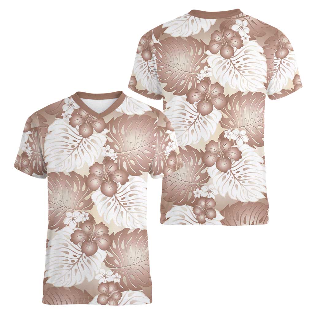 Mocha Mousse Aloha Hawaii Women V-Neck T-Shirt Monstera Hibiscus Plumeria Seamless Vibes LT14 - Polynesian Pride