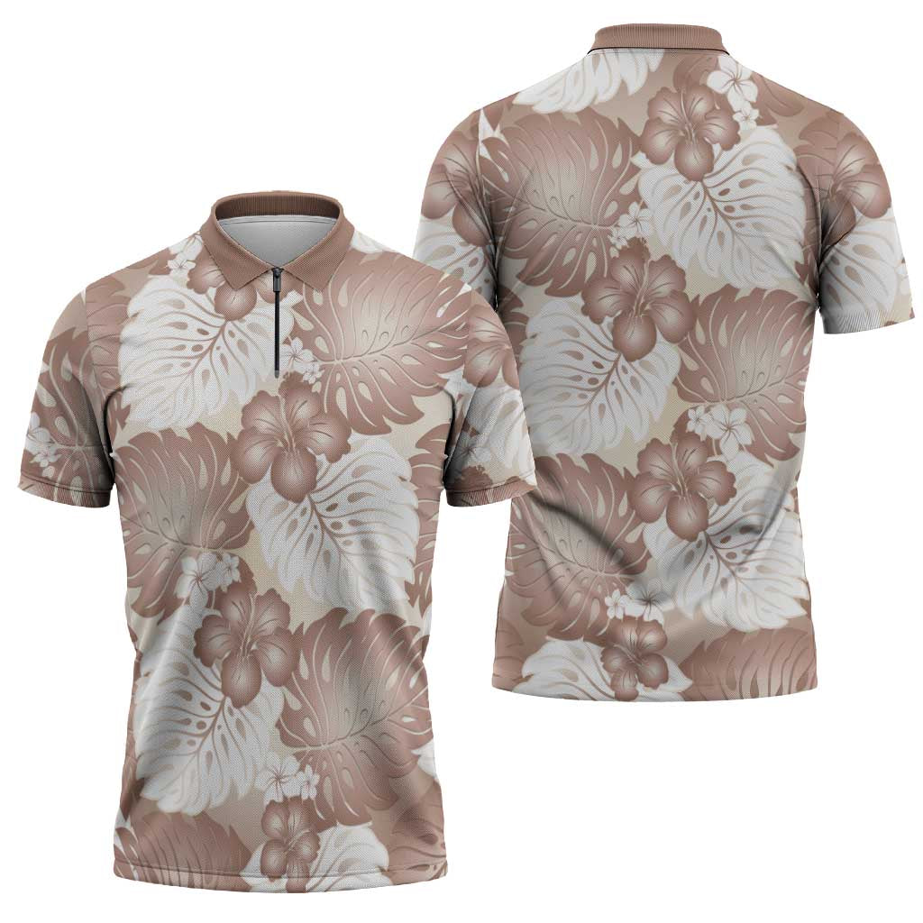 Mocha Mousse Aloha Hawaii Zipper Polo Shirt Monstera Hibiscus Plumeria Seamless Vibes LT14 - Polynesian Pride