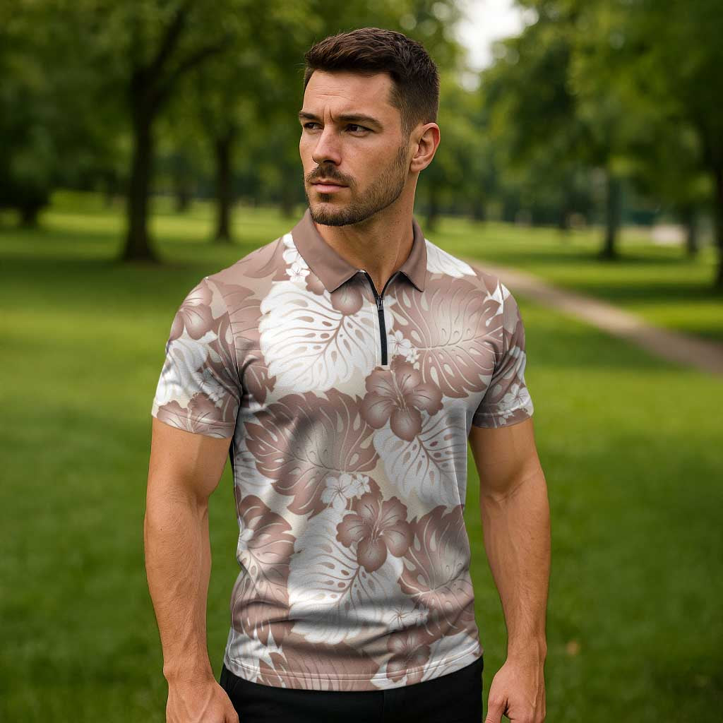 Mocha Mousse Aloha Hawaii Zipper Polo Shirt Monstera Hibiscus Plumeria Seamless Vibes LT14 - Polynesian Pride