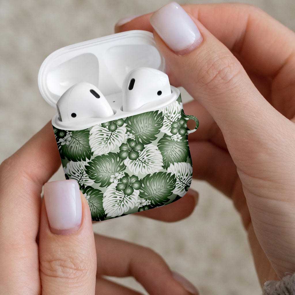 Sage Green Aloha Hawaii AirPods Case Monstera Hibiscus Plumeria Seamless Vibes - Polynesian Pride