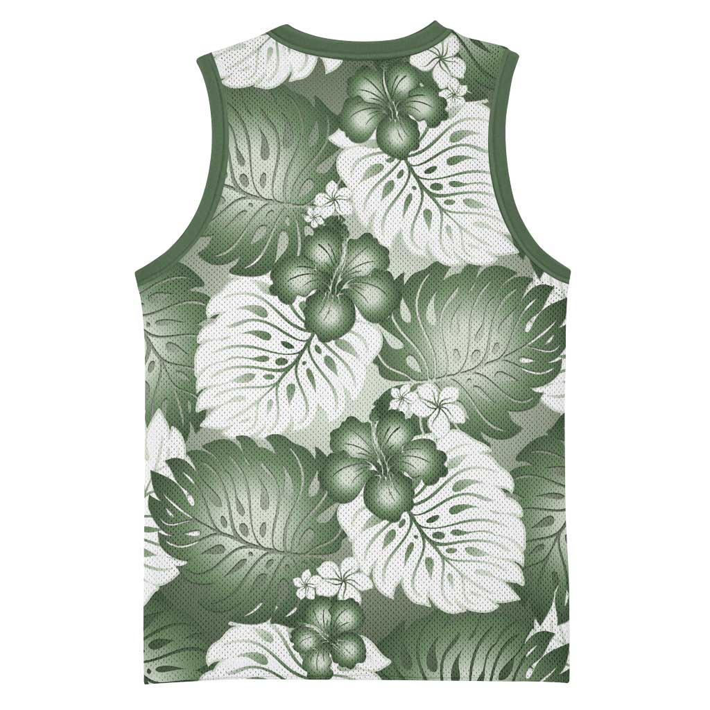 Sage Green Aloha Hawaii Basketball Jersey Monstera Hibiscus Plumeria Seamless Vibes LT14 - Polynesian Pride