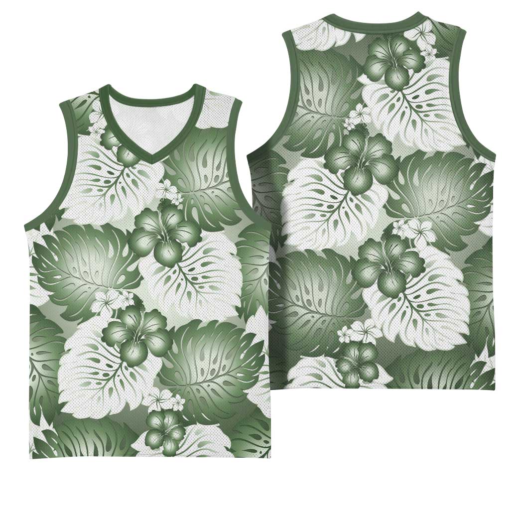 Sage Green Aloha Hawaii Basketball Jersey Monstera Hibiscus Plumeria Seamless Vibes LT14 - Polynesian Pride