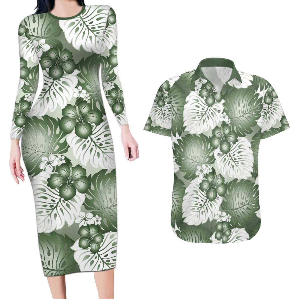 Sage Green Aloha Hawaii Couples Matching Long Sleeve Bodycon Dress and Hawaiian Shirt Monstera Hibiscus Plumeria Seamless Vibes LT14 Sage Green - Polynesian Pride